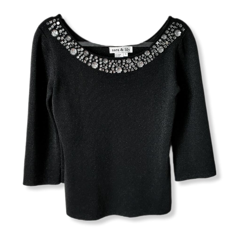 Vtg Y2K Stretch Sparkle Knit Top S Black Embellished Mob Wife Holiday Cocktail